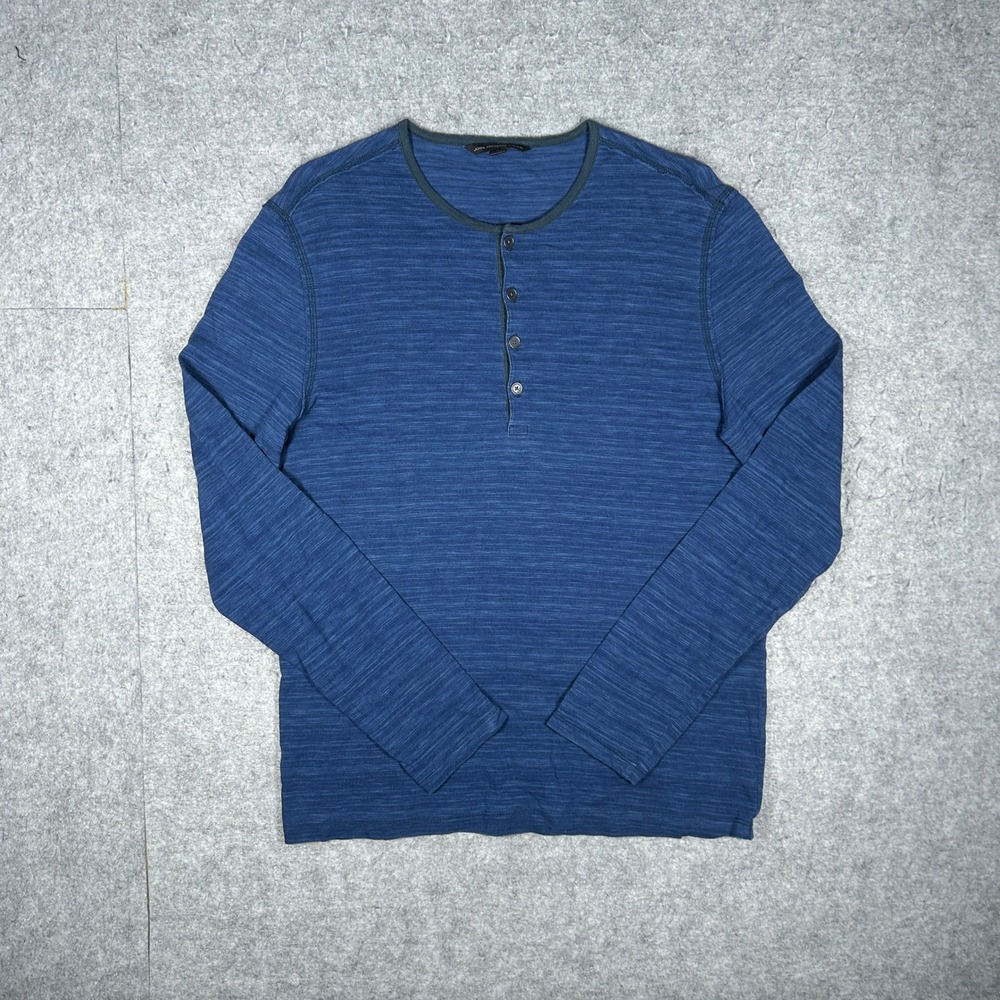 John Varvatos Henley Mens M Blue Slub Knit Long Sleeve Casual Designer Shirt